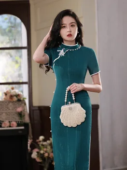 Ретро Чонсам дамски дълги елегантни костюми за подиум 2023 г. Подобряване на китайското традиционно вечерна рокля ретро облекло Ципао