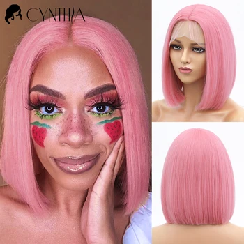 Розова перука Боб, синтетични дантелени предната перуки за жени с прави къса коса, за партита, cosplay Лолита, натурални дантелени предната косата