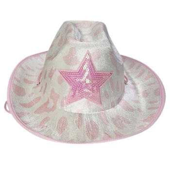 Розови каубойски шапки за момичета, блестящи украшения във формата на звезди, ковбойская шапка с принтом крави, каубойски шапки възрастен размер за парти