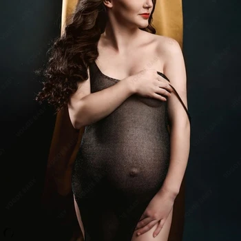 Рокля за фотография на бременни в бохемски стил, сексуална сетчатое рокля за бременни с V-образно деколте и цепка на подтяжках от двете страни, трикотажни рокли за фотосесии
