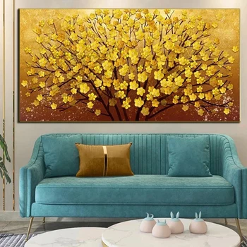 Ръчно рисувана на платно с изображение на флората, съвременната абстрактна живопис Куадро, стенни картини с изображение на природата за всекидневната, жълто цвете