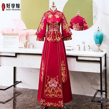 Сватбена рокля Женствена рокля с фина бродерия на цветя Рокля Китайската традиционна облекло на булката на Червено вечерна рокля Роба