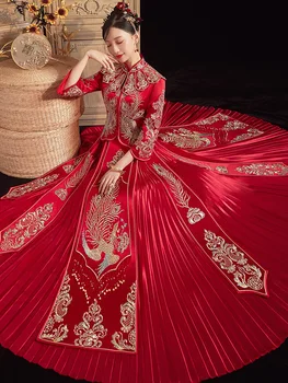Сватбена рокля Ципао с бродерия на червения феникс в традиционен китайски стил за булката Размер S-2XL
