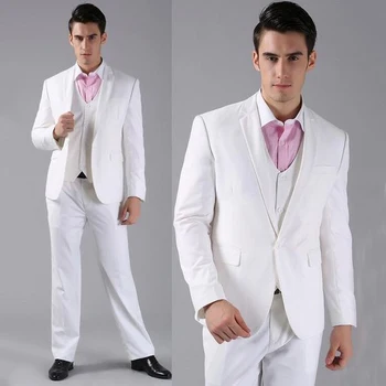 Сватбени костюми за Мъже, Модерен Бял Мъжки Костюм с Изрезки на една Пуговице, Оборудвана Бизнес Случайни Смокинг на Младоженеца, Блейзър от 3 позиции + Жилетка + Панталони