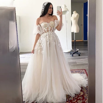 Сватбени рокли с 3D дантела с къси ръкави и аппликацией от тюл с подплата, цвят шампанско, вечерни сватбени рокли дамски 2023