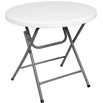 Сгъваема маса с височина 32 инча, бяла кръгла пластмасова маса, маса за къмпинг, преносим маса, градинска мебел, маса, маса