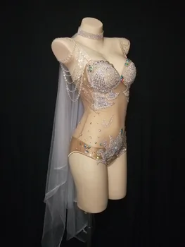 Секси кристали, във телесен цвят, сетчатое прозрачно боди без ръкави, женски костюм на певицата за бар, нощен клуб, облекло за сцена, DJ DS