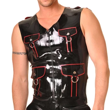Секси риза от латекс с о-пръстени, каучукови майк за дрехи, черно-червена декорация, с цип отпред