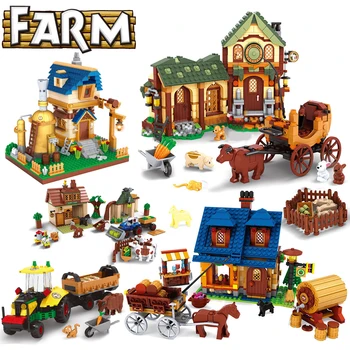 Селска къща, селски пазар, домашни любимци, модел трактор, комбайн, треньорът на конете, строителни блокове, тухлена играчката 