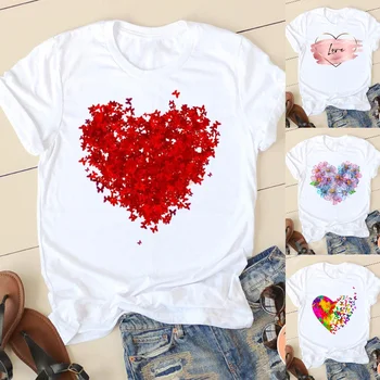 Серия Love Heart Графична Женска тениска С къс ръкав Y2k Върховете Ежедневни Тениска Harujuku Цветни Тениски Негабаритная Свободна Дамски Дрехи