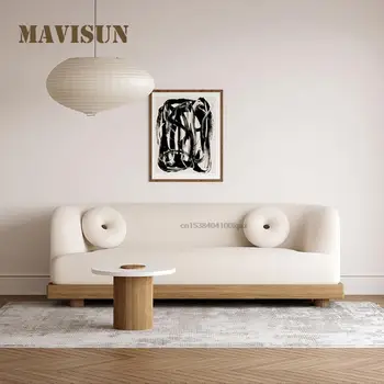 Скандинавска малък апартамент, дървен разтегателен, лесен диван за трима души, кремаво канапе от кадифе агне, бяла модерна минималистичная мебели