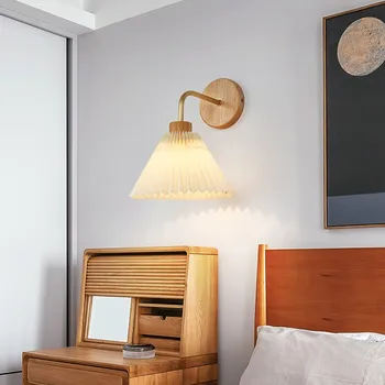Скандинавски led дървен стенен лампа, просто плиссированное тканевое халба бира, нощно шкафче за спалня, коридор, Кухня, хол, кабинет, лампа