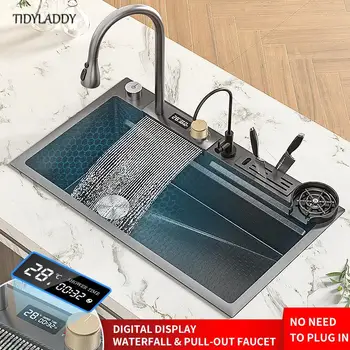 Смесител за водопада, нано кухненска мивка с ляв за източване на съдове за кухненски мивки, многофункционална кухня, нови кухненски принадлежности