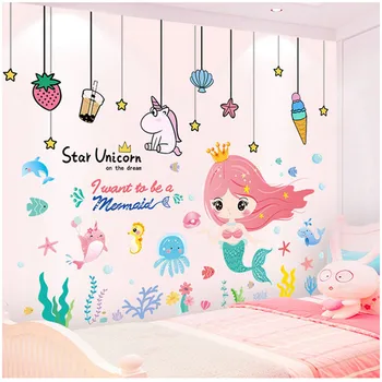 Стикери за стена за момичета-на русалките на подводния свят, украшения във формата на еднорог, стикери за стена за детска стая, детска спалня, украса за дома