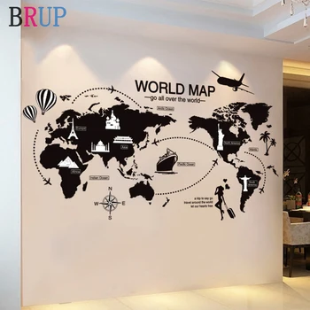 Стикери за стена с карта на света на големия размер, черна карта на света, начало декор за детска стая, стикери за стена в самолета за спални