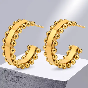 Стилни дамски обици-халки Vnox, с-формата на бижута за уши, позлатени обеци от неръждаема стомана с веригата от мъниста