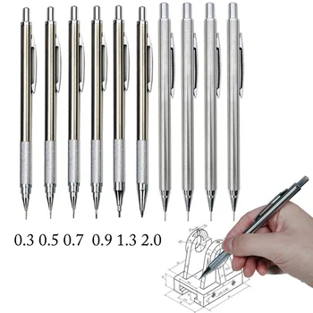 Студентски тежки метални автоматични моливи за писане, дизайн и рисуване HB 0.3/0.5/0.7/0.9/1.3/2.0 мм, Черен цвят, офис, бензиностанция с олово