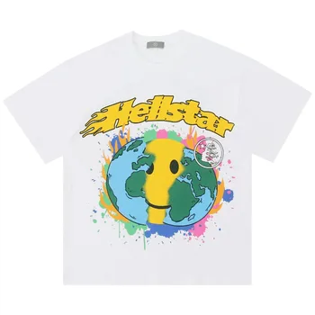 Тениска Hellstar Street Creative Забавни Earth с улыбающимся лице и писмото принтом за мъже и жени, резервен чифт в стил хип-хоп, къс ръкав