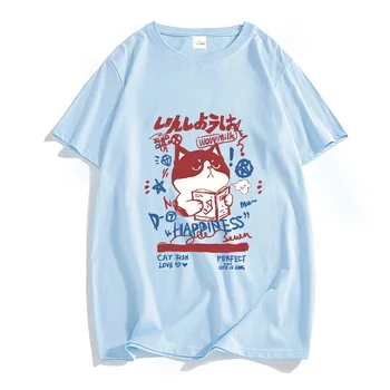 Тениска с изображение на котка, лятна тениска от 100% памук, мъжки/дамски тениска Kawaii, тениски с графичен принтом, свободна ежедневни тениска, оригинални дрехи