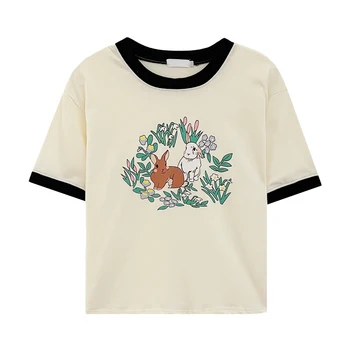 Тениска с принтом японски хубаво мультяшного заек, базова памучен тениска в контрастен цвят, с кръгло деколте и къс ръкав