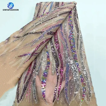 Тим Африканска лейси плат с разноцветни пайети 2023, благородна нигерийская френска тюлевая бродерия, луксозни дантелени платове за младоженци от мъниста