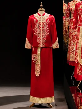 Традиционната източна бродерия от мъниста, Костюми от епохата на Тан Елегантен булката в китайски стил Сватбена рокля Ципао Hanfu Костюми за тостер