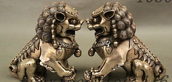 украса Тибет мед, сребро и 5 инча Китайски фън шуй Сребърен Охрана врати Фу Фу Кучето Лъв Лео топката Статуя на двойка