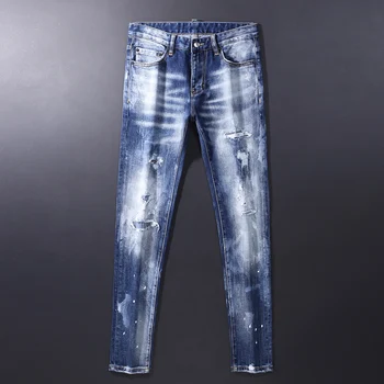 Уличната мода Мъжки дънки Ретро сини ластични панталони боядисани скъсаните дънки за Мъже с бродерия, залатанные хип-хоп маркови панталони Hombre