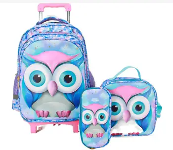 Училищна чанта за количка за момичета, детски училищен раница на колела в стил сови с чанта за обяд, раница на колела, училищната чанта на колела