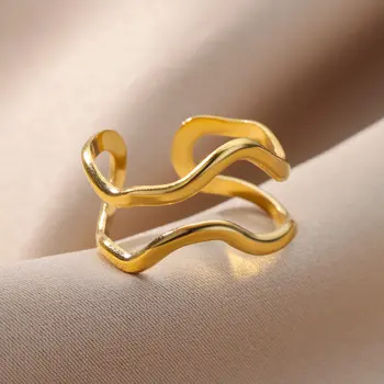 Френските модни двуслойни пръстени с неправилна линия, геометрични пръстени за жени, открит златен пръстен, женски романтични сватбени декорации