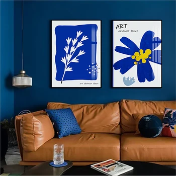 Художествена картина върху платно с цветен модел, плакат Klein Blue със сини цветя, декоративна живопис с абстрактен художествен принтом, скандинавски хол, спалня