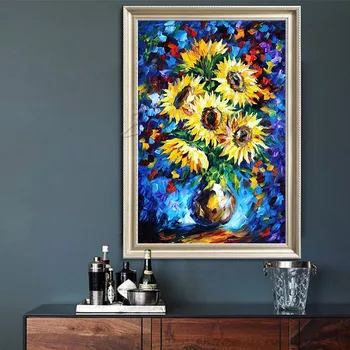 Цвете, ръчно рисувани, мастихин, слънчоглед, абстрактна живопис с маслени бои, платно, модерна баня краси хола