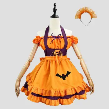 Цветен костюм, рокля на слугиня на Хелоуин, женски буйни рокли във формата на тиква, женски костюм за cosplay, дантела, униформи прислужница в едно рамо за момичета