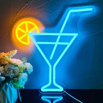 Чаша за коктейли с лимонов неонови осветена светлина, неонова реклама на бар, неоново украса за коктейл-бара, монтиране на украса за спални, домашен бар, мъжки декор в пещера