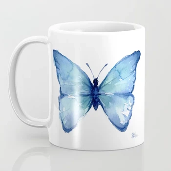 чаша с пеперуда цвят синьо езеро, офис кафеена чаша, 350 мл, креативна керамична чаша за мляко, подарък за деца или жени