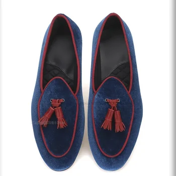 Червени кожени лоферы с пискюли, синьо кадифе лоферы, модни мъжки обувки, без закопчалка, класически мъжки ежедневни обувки, ръчна изработка на британския стил за партита