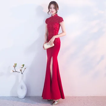 Червеното традиционно китайското сватбена рокля Рокли Long Qipao Традиция булката, класически женствена рокля, ориенталски рокля, размер S-3XL