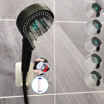 Черна и сребриста капачка Нано филтър Еко душ Аксесоари за баня, 5 режима на корона с високо налягане с бутон за спиране на витлото