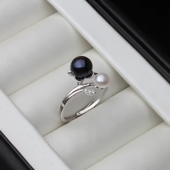 Черни, бели пръстени с двойно перли от естествена прясна вода за жени, уважаеми регулируем пръстен с перли от сребро 925 проба, сватбен подарък