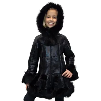 Черно яке от овча кожа от 100% кожа, зимни дрехи за момичета, детски яке