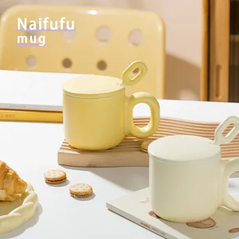 Ю Lu Сладка млечна чаша Fufu, чаша с капак, чашата за кафе, женска двойка, керамична чаша за вода, офис с голям капацитет