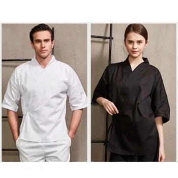Яке на главния готвач на ресторанта, мъжки дамски яке японски готвач, кимоно с 3/4 ръкав, работно облекло за кухня, суши, униформи за сервитьори