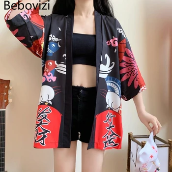 Японската мода, сексуална кимоно с принтом весела котка, жилетка с колан и обувки, дрехи за cosplay, костюми за жени, Юката 2021, традиционна риза Хаори