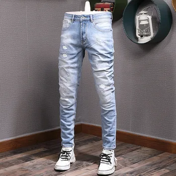 Японски мъжки скъсани дънки, памучни дишащи директни ежедневни дънки, мъжки панталони Y2K