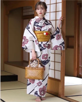 Японското Кимоно Халат Женски Традиционен Стил От Памук и Лен Туристическа Стрелба Дължина-163 см