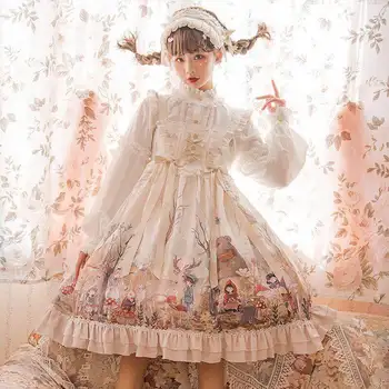 Японското рокля Vittoria Vintage Lolita OP, женствена рокля с принтом Dream Forest серия Jsk, рокли за момичета Kawaii, рокля на принцеса за партита за всеки ден