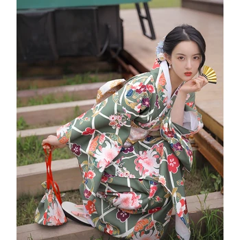 Японското традиционно кимоно, секси зелена рокля с флорални принтом, класическа рокля юката за снимки, дрехи за cosplay, халат за баня